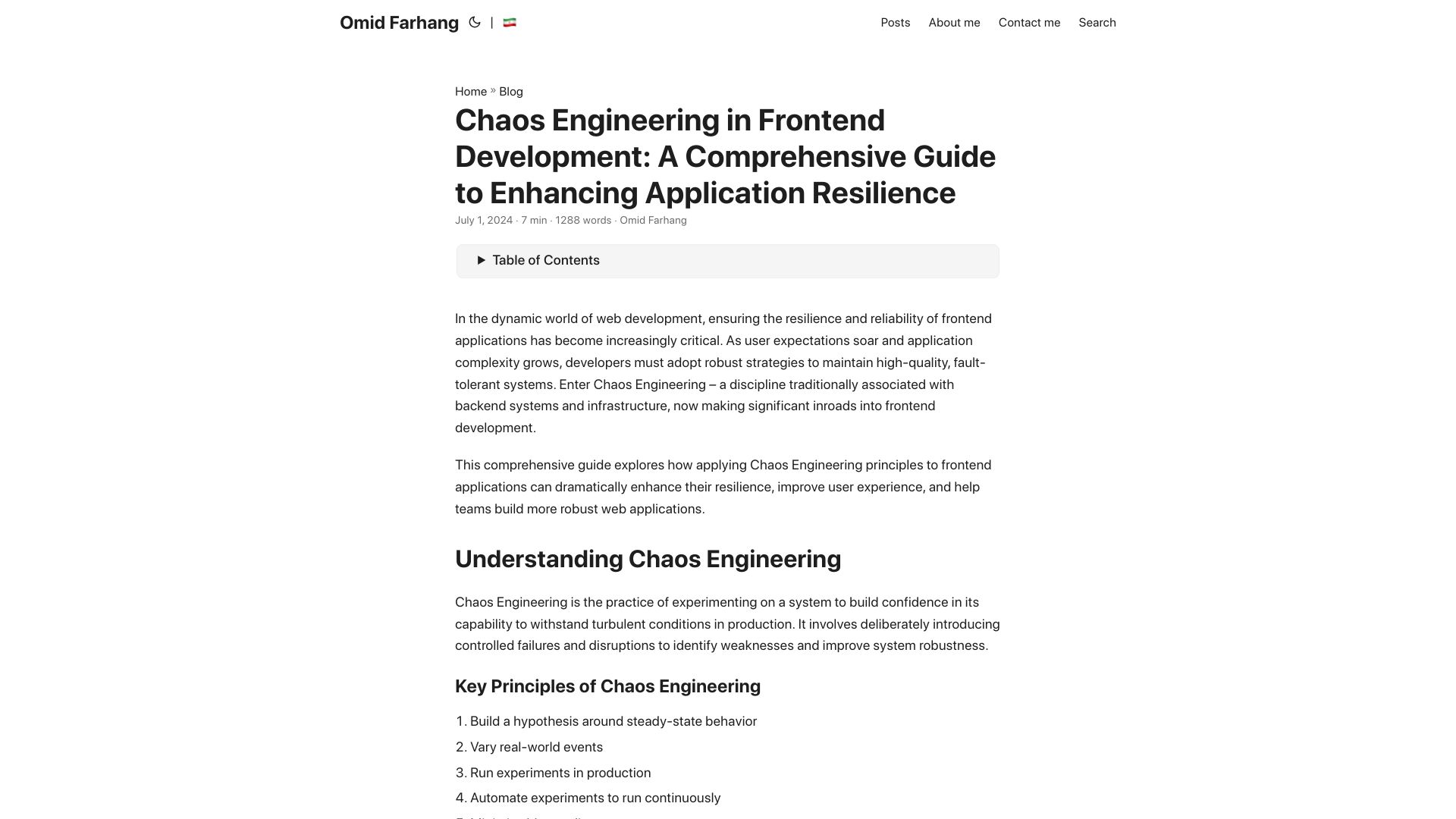 Screenshot of omid.dev: Chaos Engineering in Front End Development: Enhancing Application Resilience