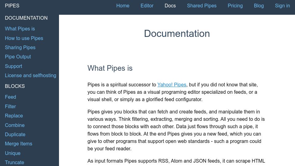 Screenshot of pipes.digital: Pipes: A spiritual successor to Yahoo Pipes