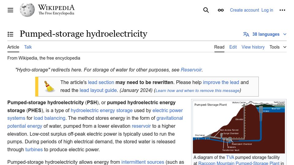 Screenshot of en.wikipedia.org: Pumped-storage hydroelectricity