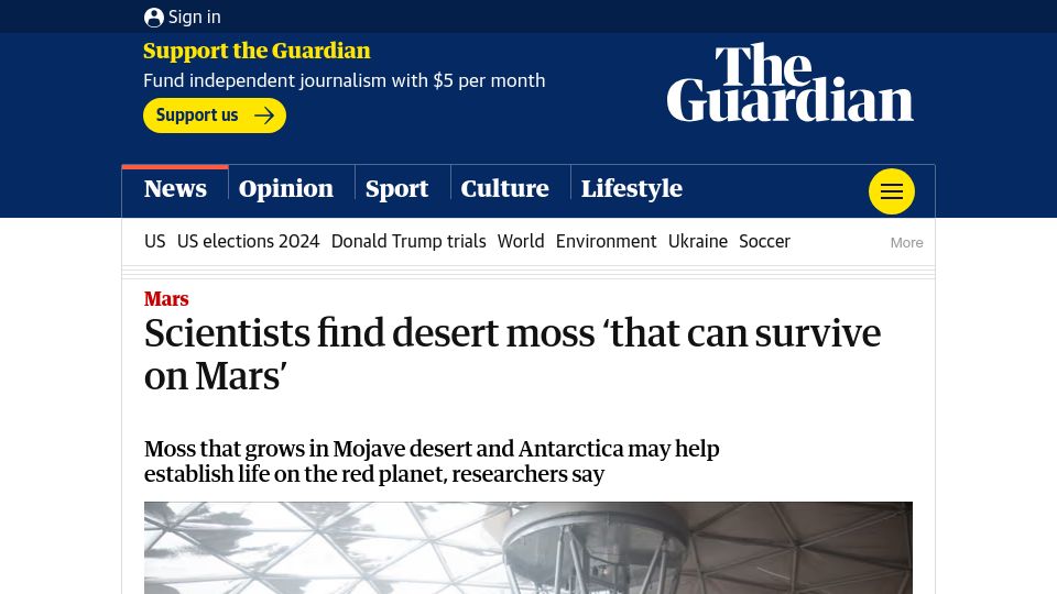 Screenshot of theguardian.com: Scientists find desert moss 'that can survive on Mars'