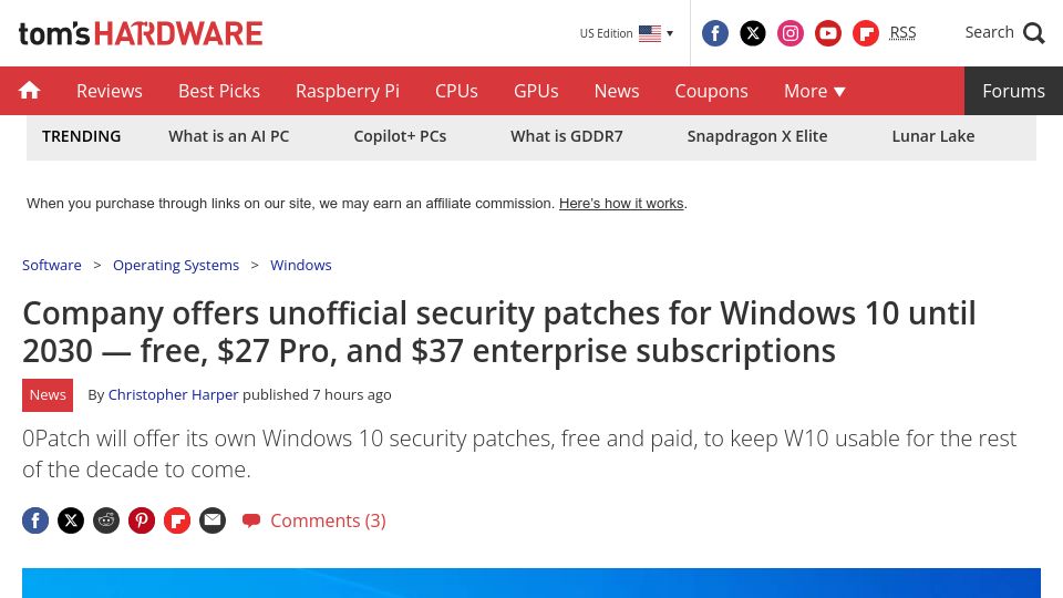 Screenshot of tomshardware.com: Company offers unofficial security patches for Windows 10 until 2030