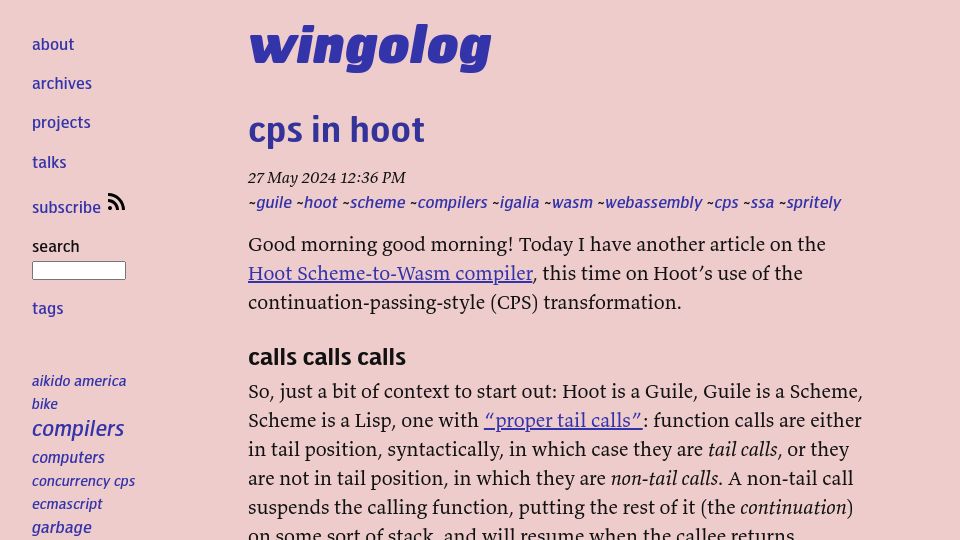 Screenshot of wingolog.org: CPS in Hoot