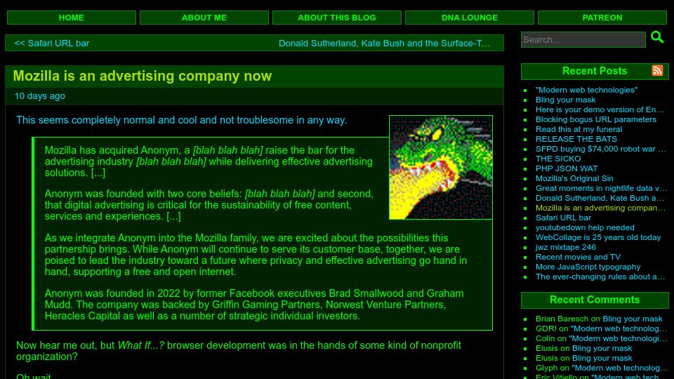 Screenshot of jwz.org: Mozilla is an advertising company now