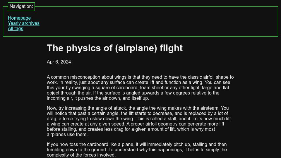 Screenshot of 10maurycy10.github.io: The physics of airplane flight