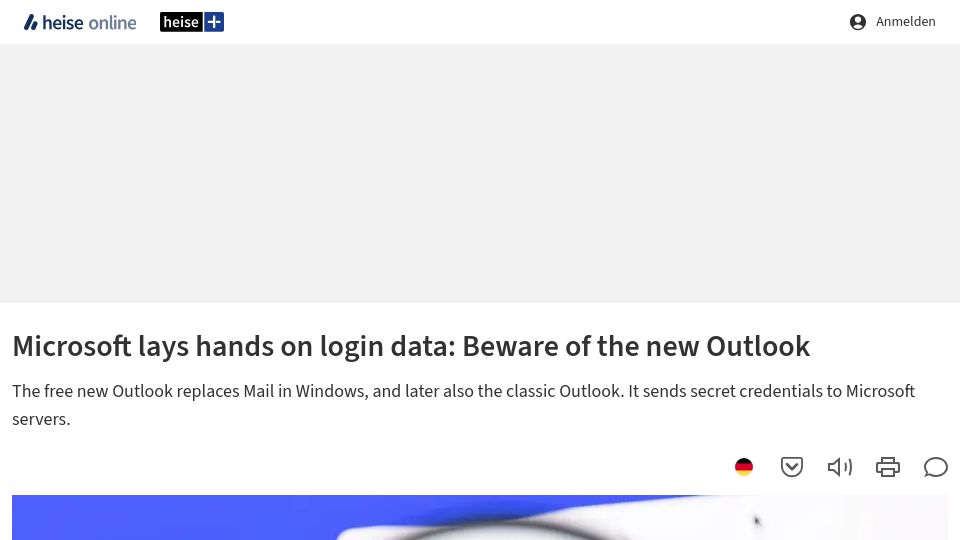 Screenshot of heise.de: Microsoft lays hands on login data: Beware of the new Outlook (2023)