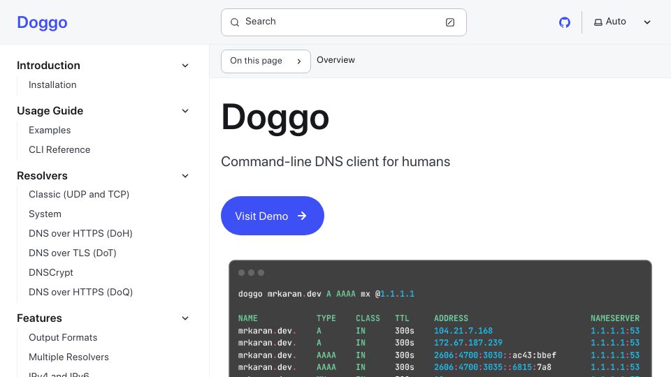 Screenshot of doggo.mrkaran.dev: Show HN: Doggo – A powerful, human-friendly DNS client for the command line