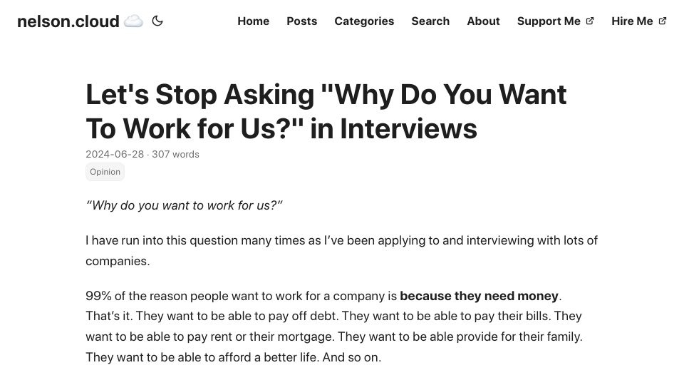 Screenshot of nelson.cloud: Let's Stop Asking "Why Do You Want to Work for Us?" In Interviews