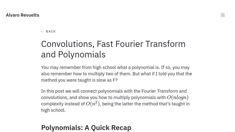 Screenshot of alvarorevuelta.com: Convolutions, Fast Fourier Transform and polynomials (2022)