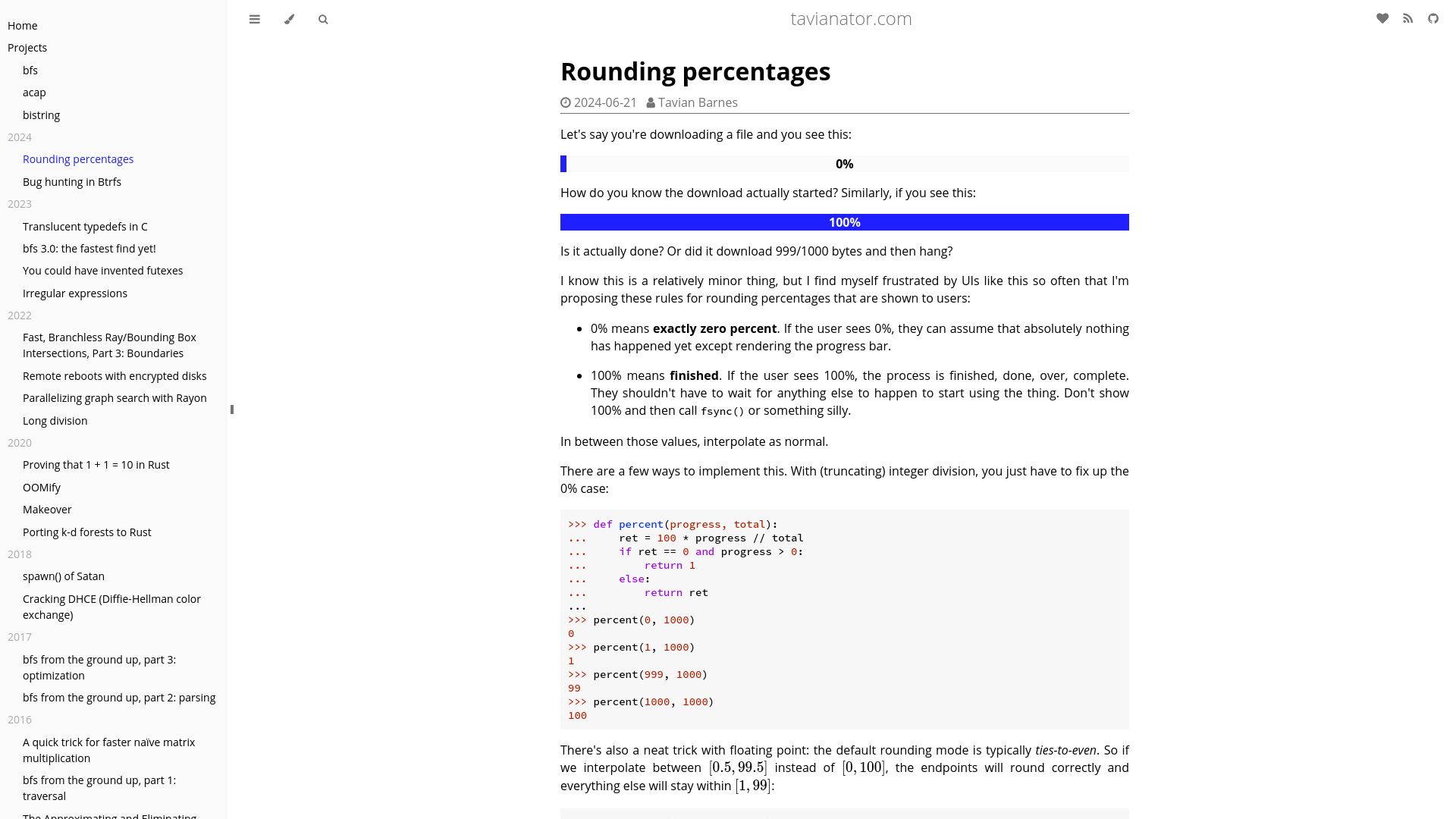 Screenshot of tavianator.com: Rounding Percentages