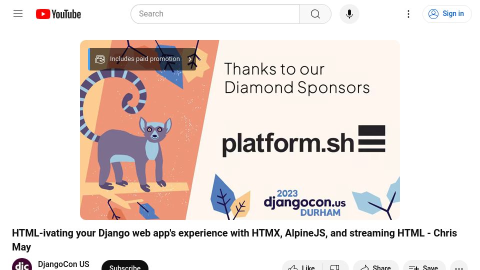 Screenshot of youtube.com: HTML-ivating your Django web app with Htmx, AlpineJS, and streaming HTML