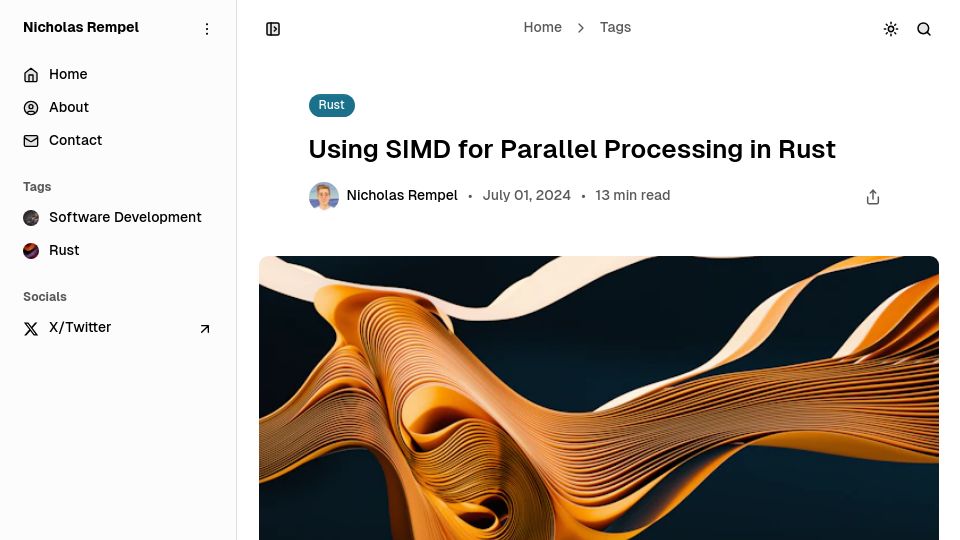 Screenshot of nrempel.com: Using SIMD for Parallel Processing in Rust