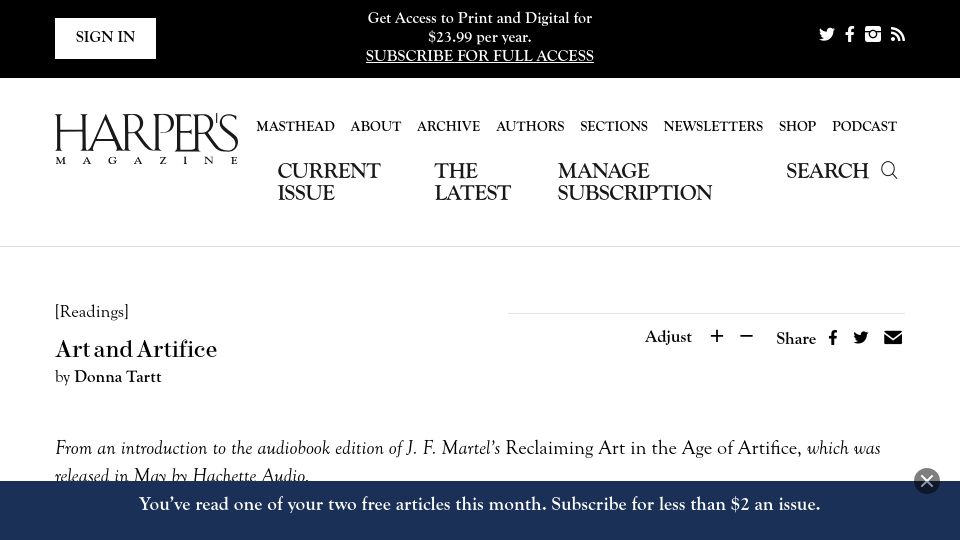Screenshot of harpers.org: Art and Artifice