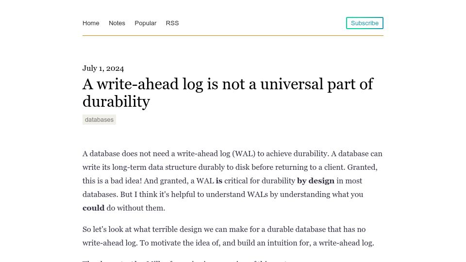 Screenshot of notes.eatonphil.com: A write-ahead log is not a universal part of durability