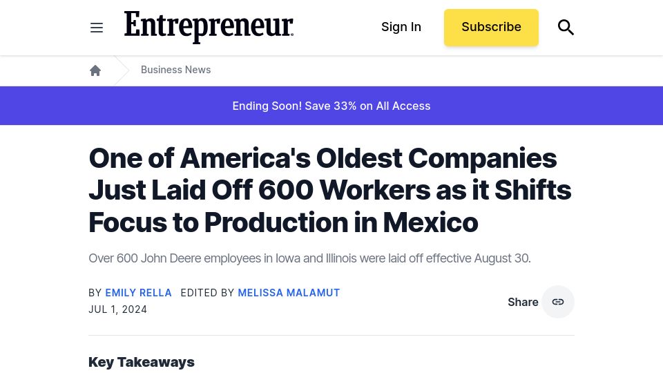 Screenshot of entrepreneur.com: John Deere Laying Off 600 Workers in Flagship Dubuque Factory for Mexico