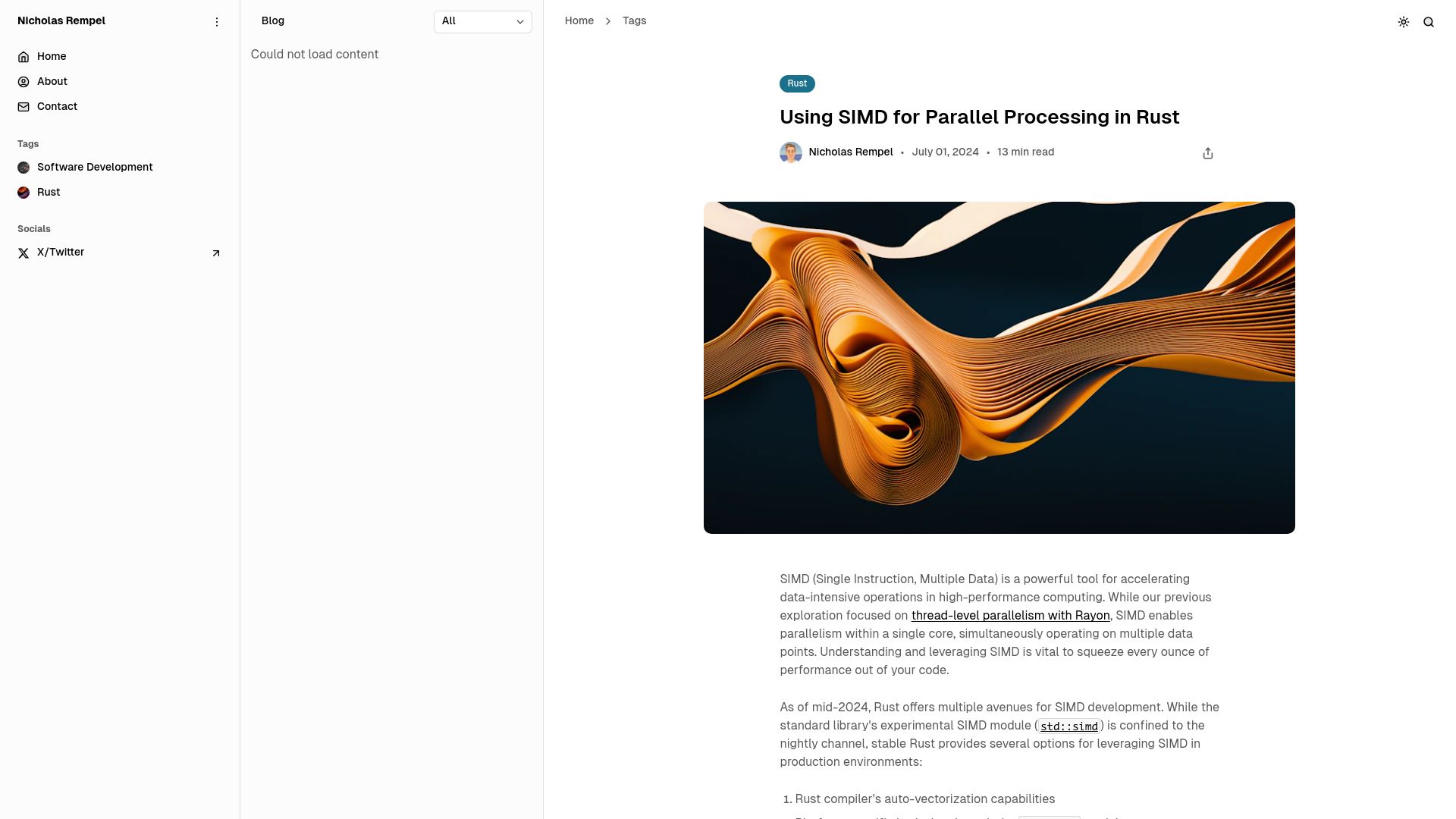 Screenshot of nrempel.com: Using SIMD for Parallel Processing in Rust