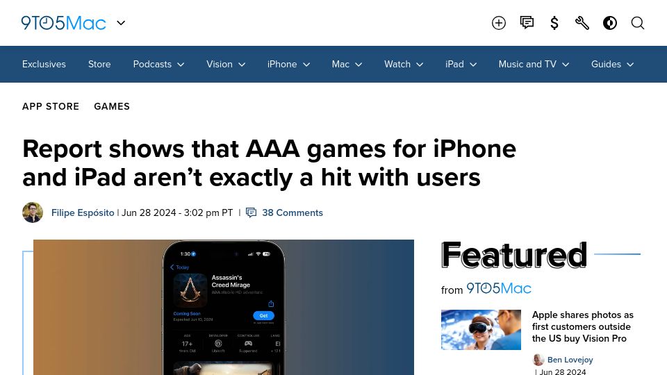Screenshot of 9to5mac.com: Report shows that AAA games for iPhone and iPad aren't a hit with users