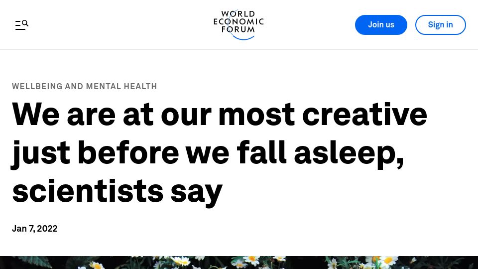Screenshot of weforum.org: We are at our most creative just before we fall asleep, scientists say (2022)