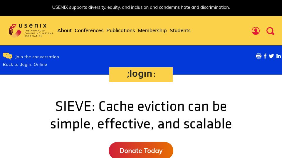 Screenshot of usenix.org: Sieve: Cache eviction can be simple, effective, and scalable
