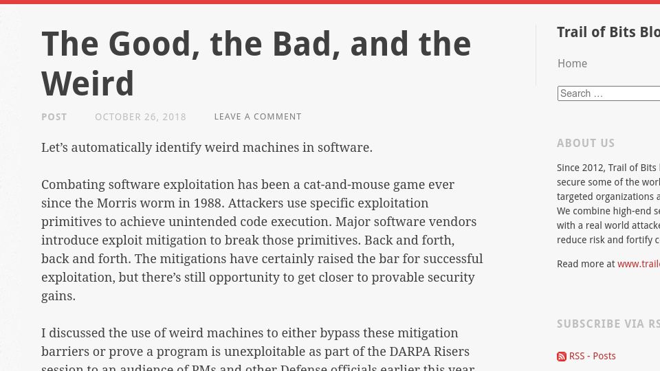 Screenshot of blog.trailofbits.com: The good, the bad, and the weird (2018)
