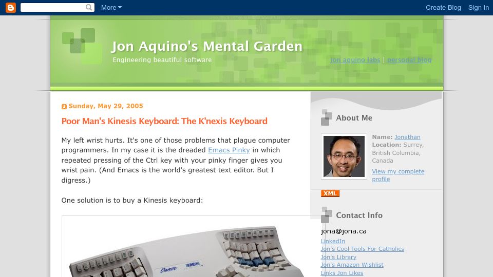 Screenshot of jonaquino.blogspot.com: Poor Man's Kinesis Keyboard: The K'Nexis Keyboard (2005)