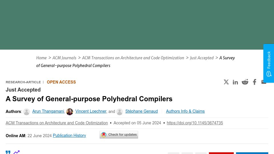 Screenshot of dl.acm.org: A survey of general-purpose polyhedral compilers