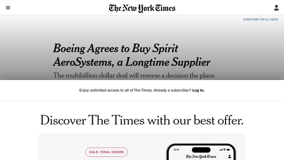 Screenshot of nytimes.com: Boeing Agrees to Buy Spirit AeroSystems, a Longtime Supplier