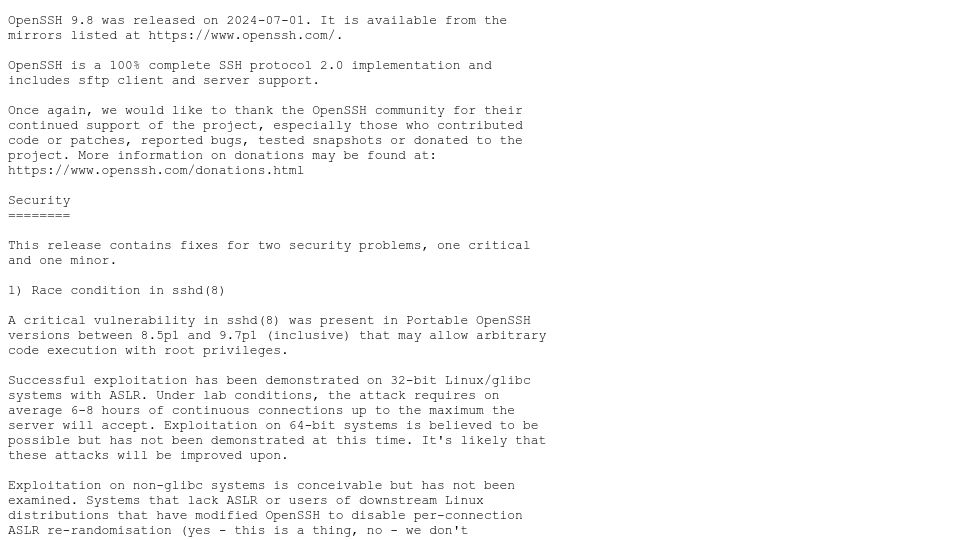 Screenshot of openssh.com: OpenSSH Race condition resulting in potential remote code execution