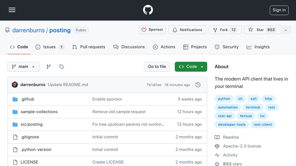 Screenshot of github.com: Show HN: Posting v1 – The modern HTTP client that lives in your terminal
