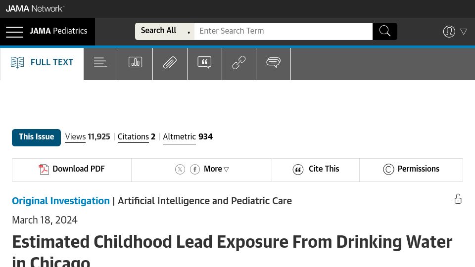 Screenshot of jamanetwork.com: Estimated Childhood Lead Exposure from Drinking Water in Chicago