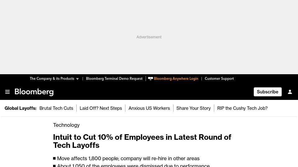 Screenshot of bloomberg.com: Intuit to Cut 10% of Employees in Latest Round of Tech Layoffs