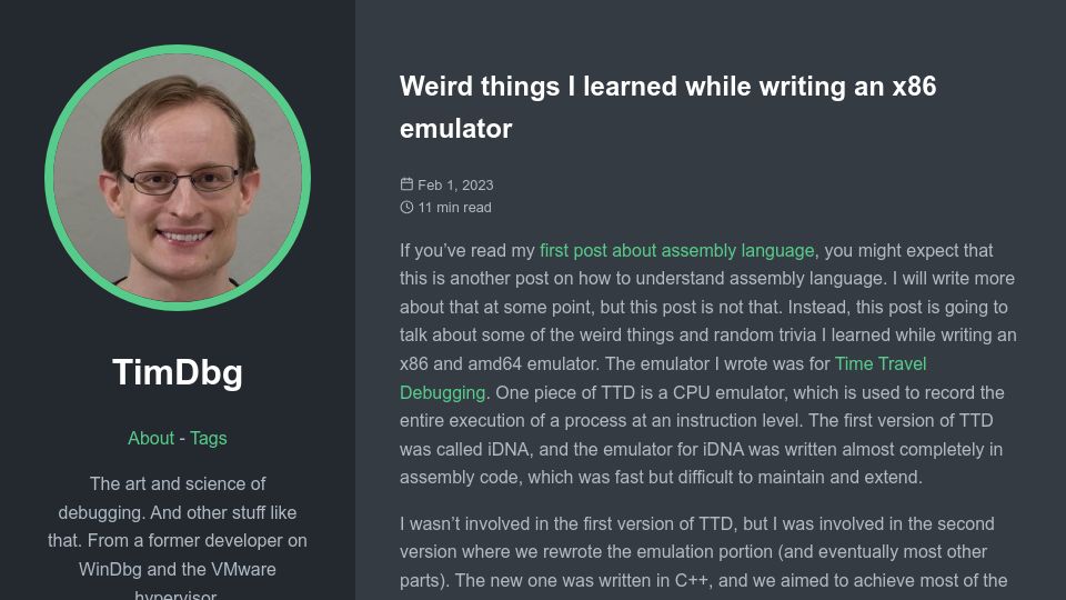 Screenshot of timdbg.com: Things I learned while writing an x86 emulator (2013)