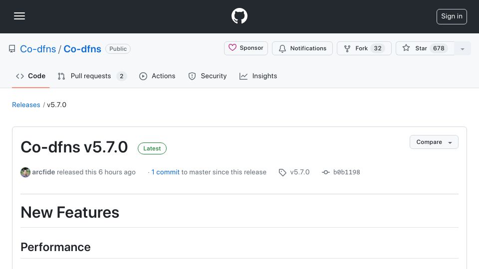 Screenshot of github.com: Co-Dfns v5.7.0