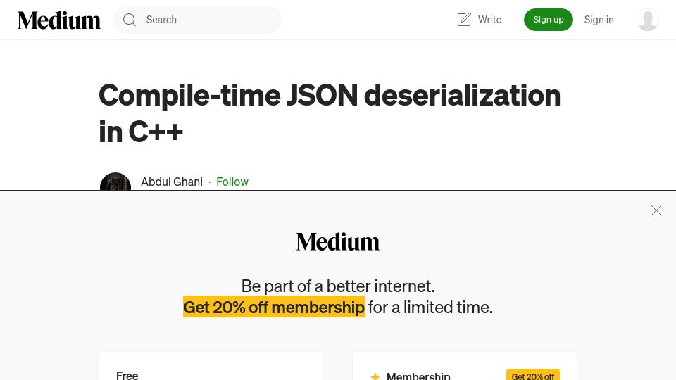 Screenshot of medium.com: Compile-time JSON deserialization in C++