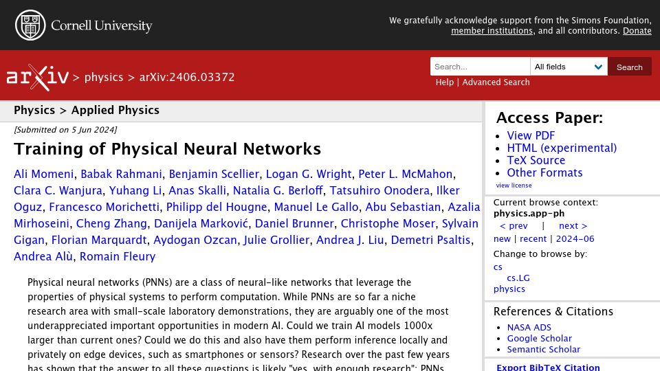 Screenshot of arxiv.org: Training of Physical Neural Networks