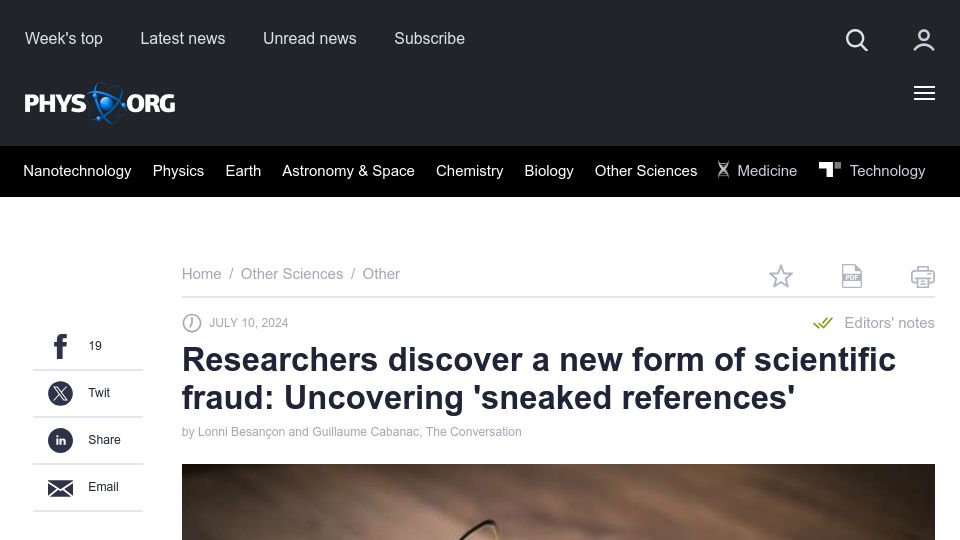 Screenshot of phys.org: Researchers discover a new form of scientific fraud: 'sneaked references'