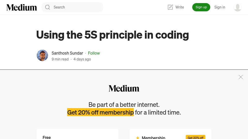 Screenshot of santhoshsundar.medium.com: Using the 5S Principle in Coding