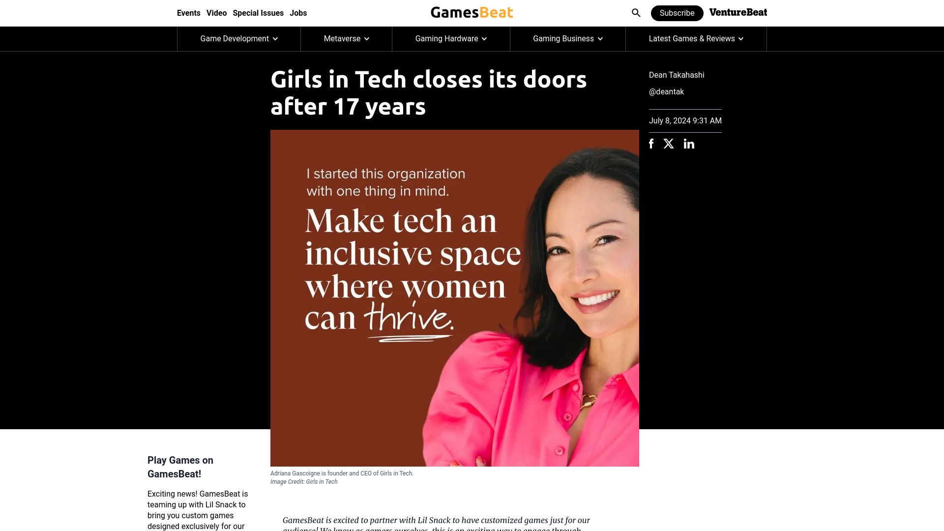 Screenshot of venturebeat.com: Girls in Tech closes its doors after 17 years