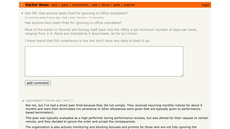 Screenshot of Hacker News post: Ask HN: Has anyone been fired for ignoring in-office mandates?