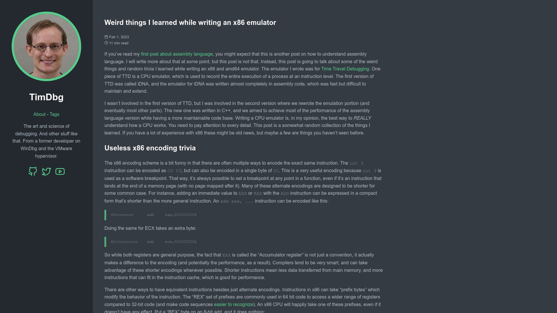 Screenshot of timdbg.com: Things I learned while writing an x86 emulator (2013)