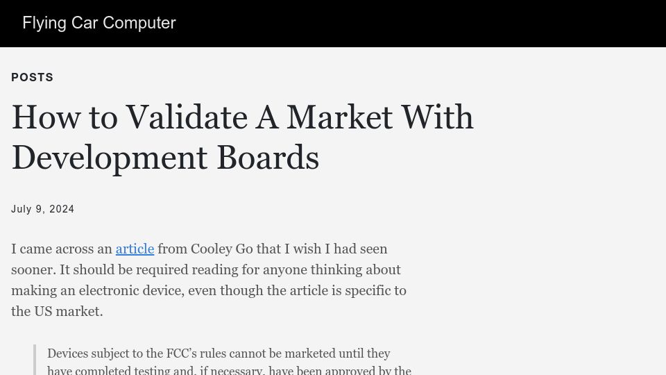 Screenshot of flyingcarcomputer.com: How to validate a market with development boards and SD cards