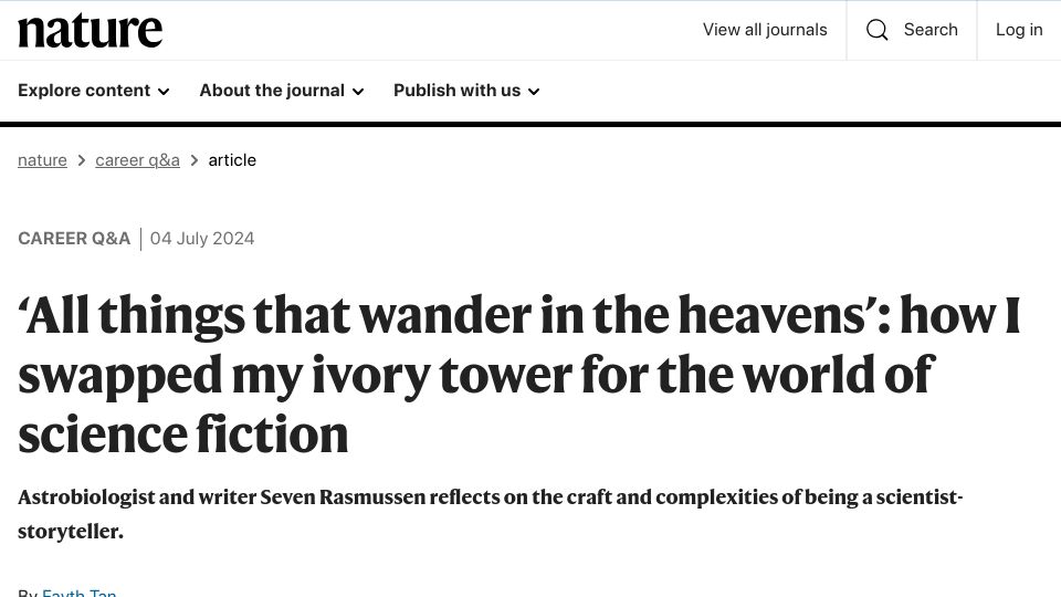 Screenshot of nature.com: How I swapped my ivory tower for the world of science fiction