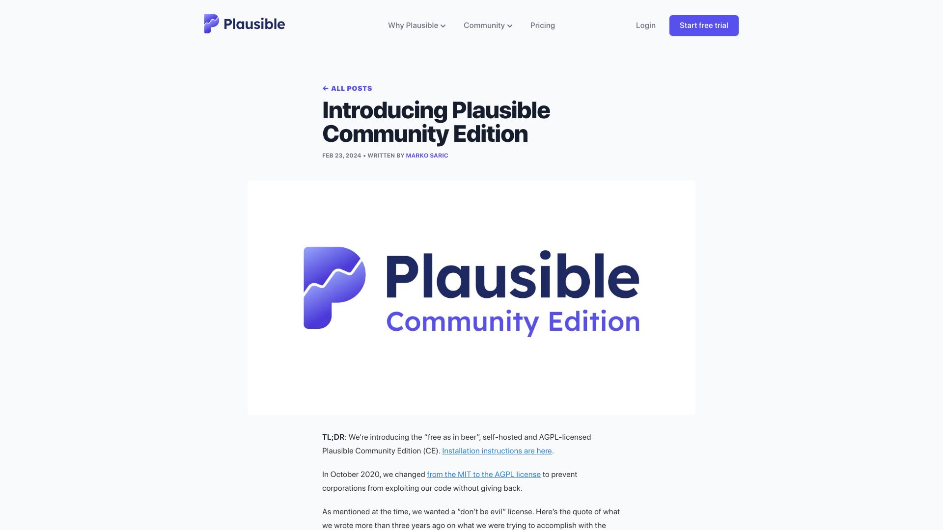 Screenshot of plausible.io: Plausible Community Edition
