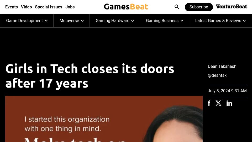 Screenshot of venturebeat.com: Girls in Tech closes its doors after 17 years