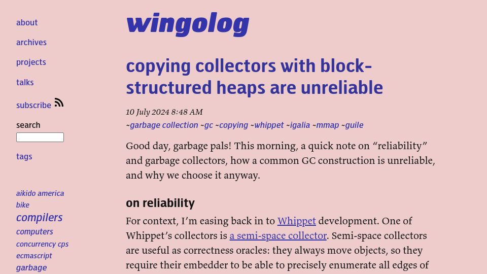 Screenshot of wingolog.org: Copying collectors with block-structured heaps are unreliable
