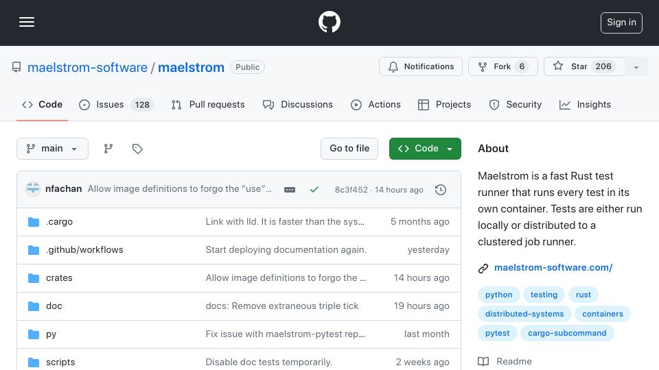 Screenshot of github.com: Show HN: Maelstrom – A Hermetic, Clustered Test Runner for Python and Rust