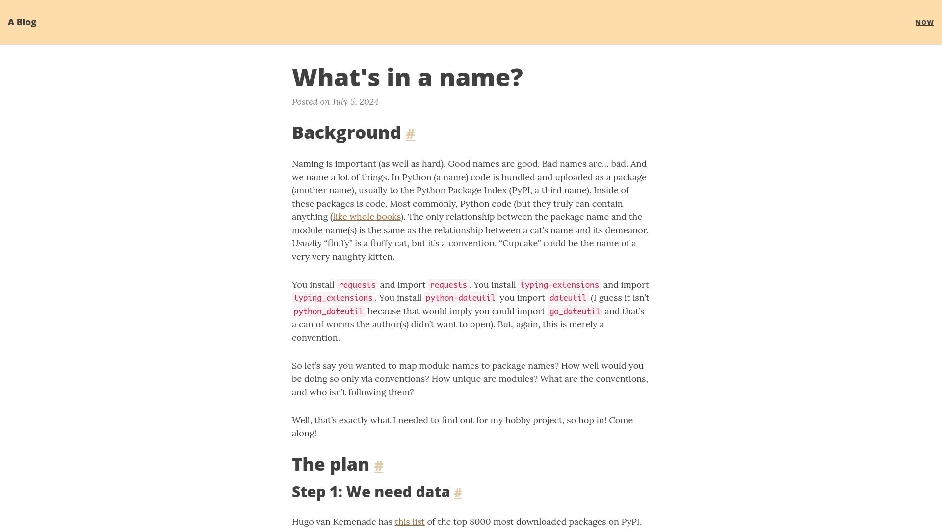 Screenshot of joshcannon.me: An analysis of module names inside top PyPI packages