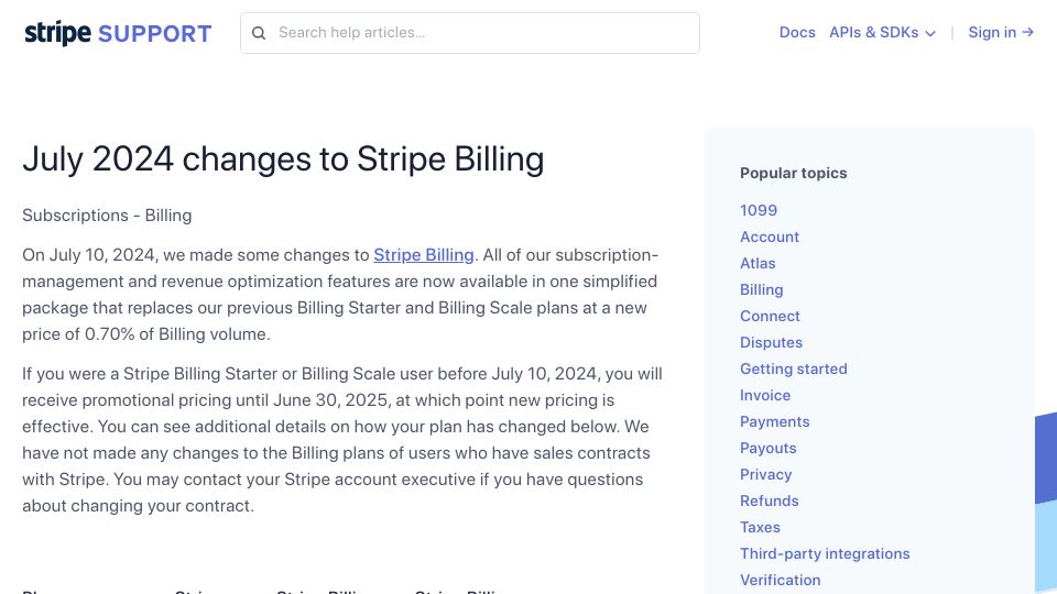 Screenshot of support.stripe.com: Changes to Stripe Billing