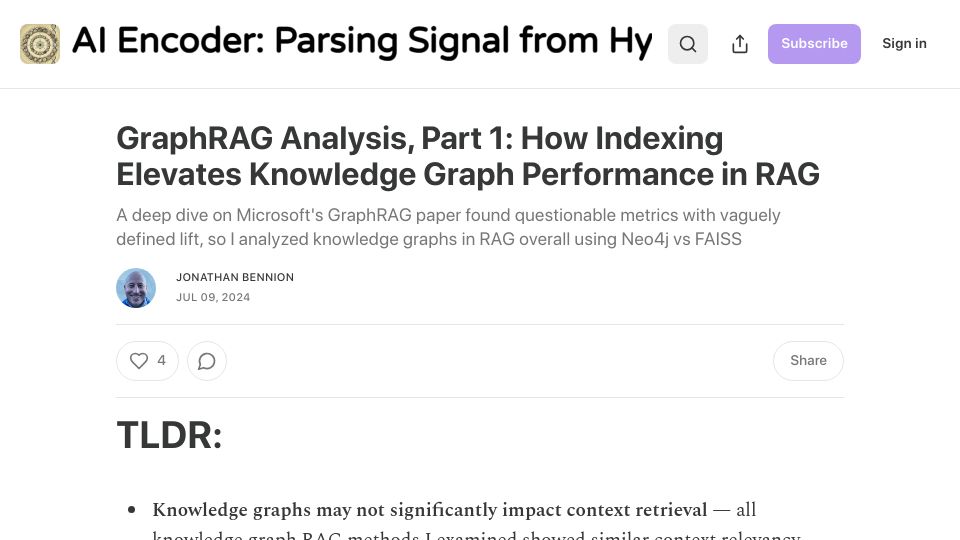 Screenshot of aiencoder.substack.com: Knowledge Graphs in RAG: Hype vs. Ragas Analysis