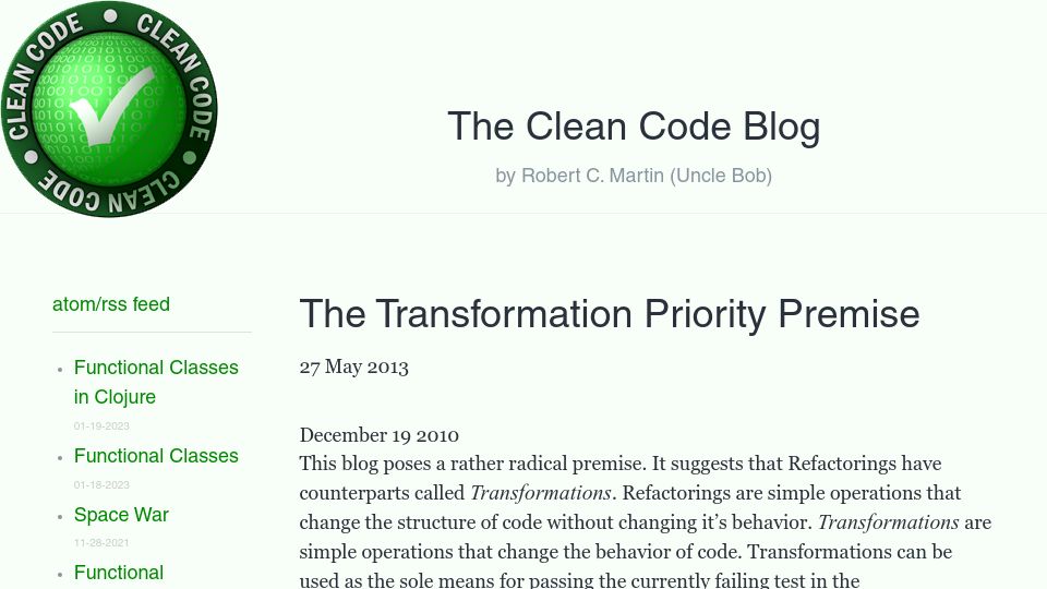 Screenshot of blog.cleancoder.com: The Transformation Priority Premise (2013)