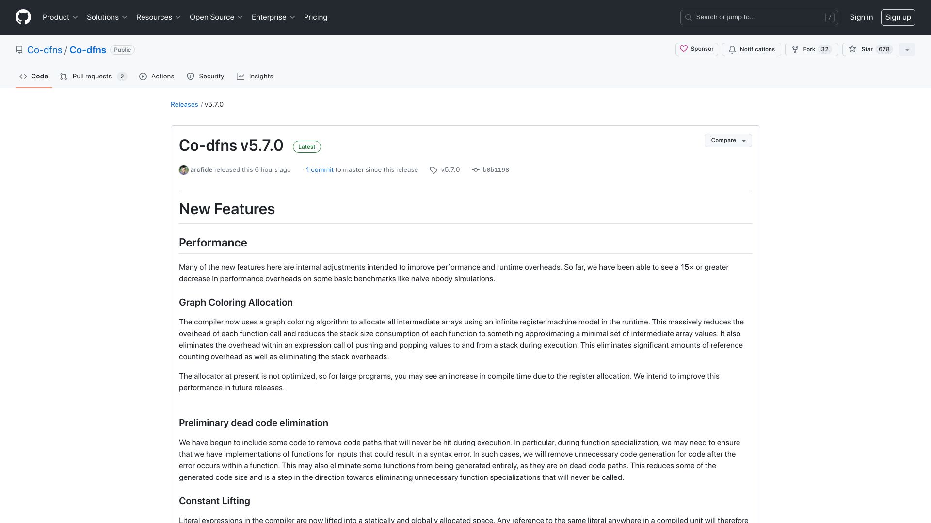 Screenshot of github.com: Co-Dfns v5.7.0